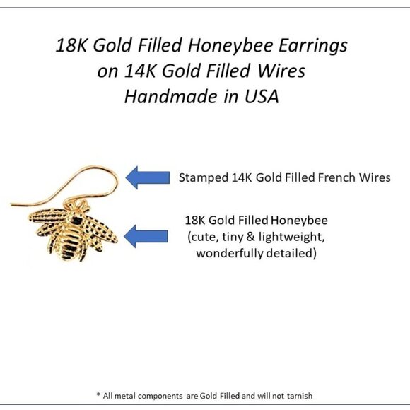 Bee Earrings Gold Bumble Honey Bee Earrings on14K Gold Filled Wires Womens Girls - Picture 2 of 4